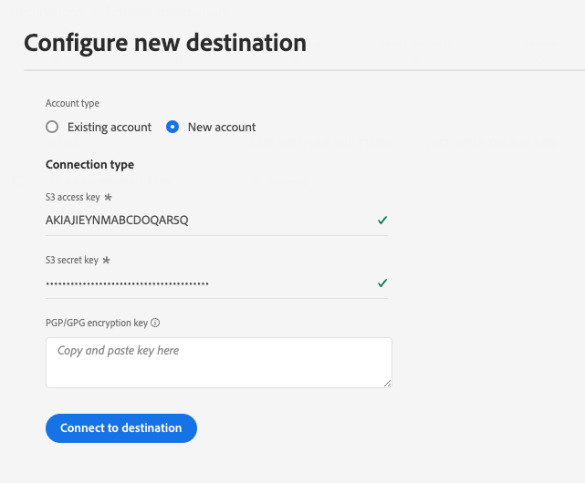 Image showing the required and optional input parameters when authenticating to an Amazon S3 destination.