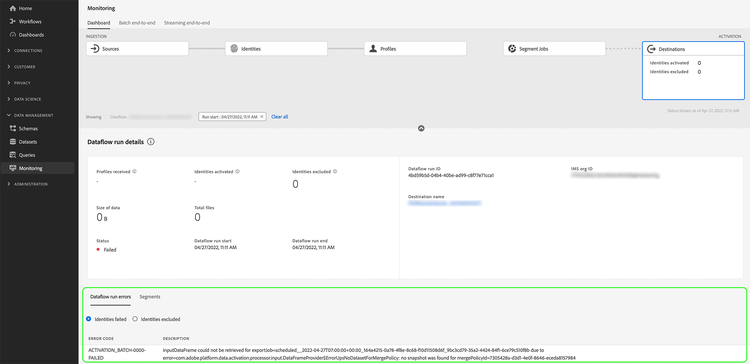 UI image showing the dataflow run details page, with a highlight on the errors section.