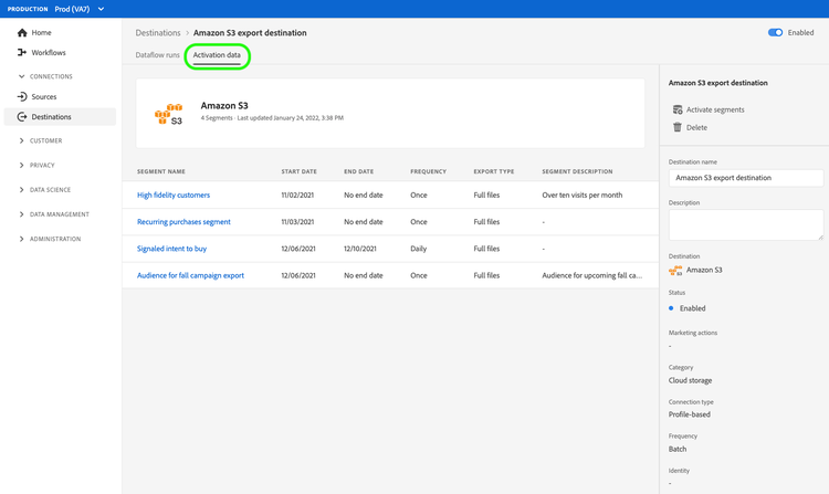 Activation data view batch destination