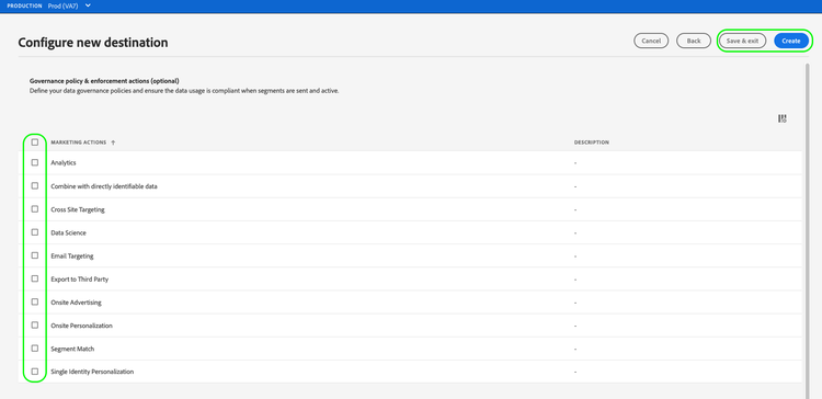 The Configure new destination dialog with the available marketing actions highlighted. The available controls to complete the Connect to destination workflow are also highlighted.