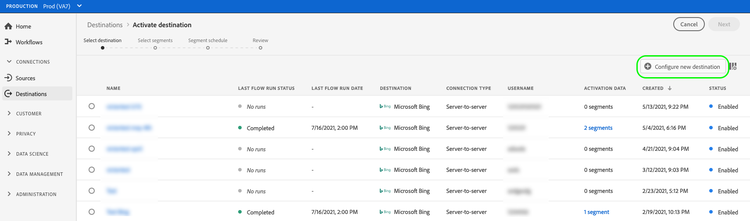 Screenshot of the Experience Platform UI, showing a list of available destinations and the Configure new destination control highlighted.