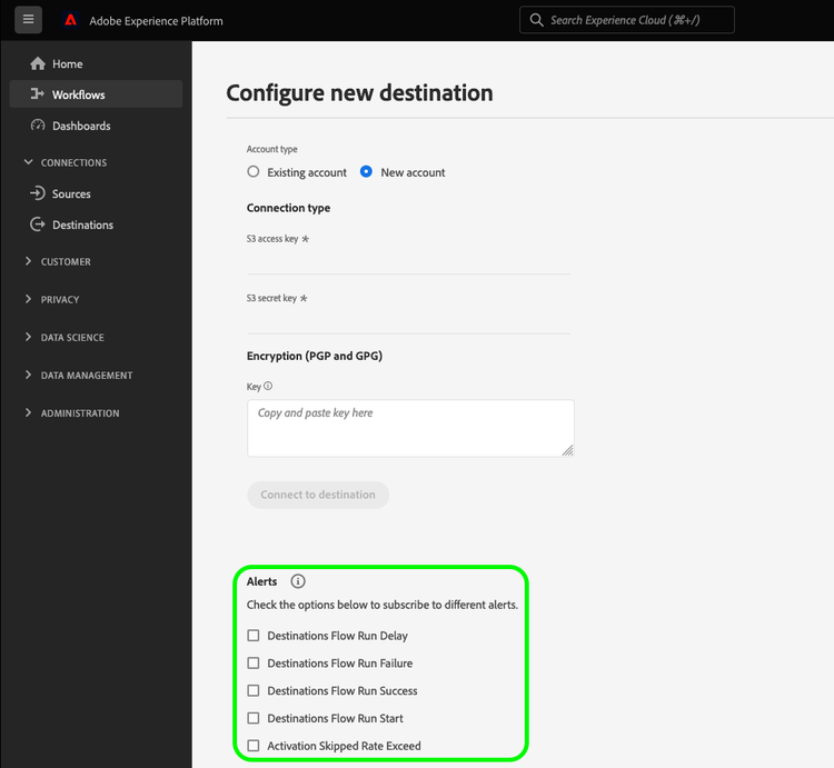 UI image showing the destination alerts section.