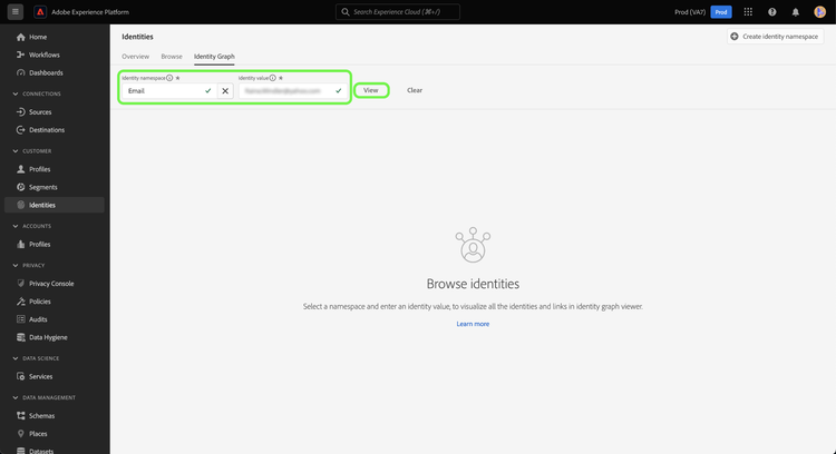 An identity namespace and its corresponding value, provided in the Identity Graph lookup screen.