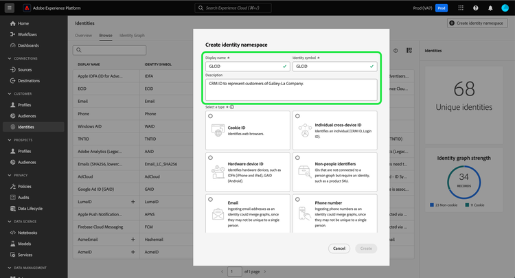 A pop-up window where you can input information regarding your custom identity namespace.