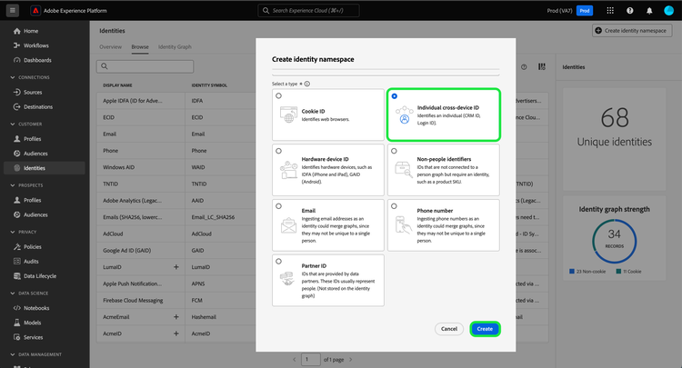 A selection of identity types that you can choose from and assign to your custom identity namespace.