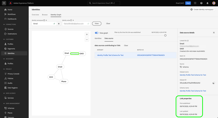 The identity link between the email and GAID nodes selected.