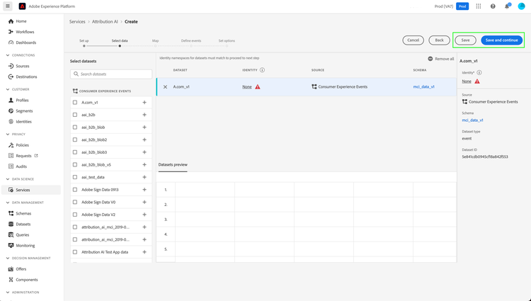 The Create workflow of the Data Science Services Attribution AI tab with Save and Save and continue highlighted.