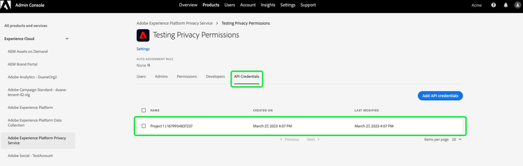 A product profile in the Admin Console with the API credentials tab and a row of project credentials highlighted.