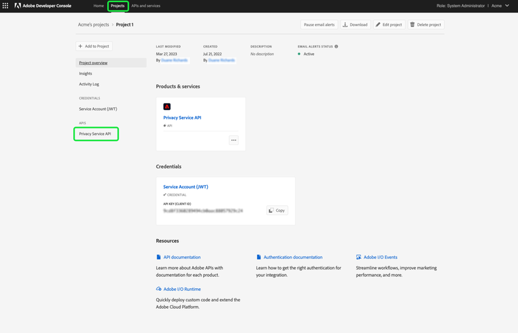 The Projects tab of the Adobe Developer Console with Projects and Privacy Service API highlighted.