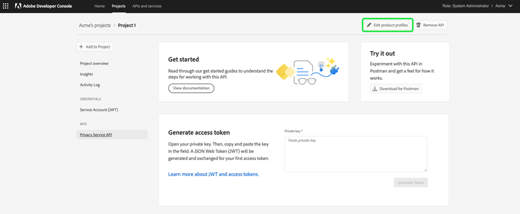 The Privacy Service API integration dashboard in the Adobe Developer Console with Edit product Profiles highlighted