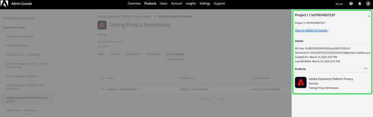 The highlighted Details panel of an API credential within Admin Console.