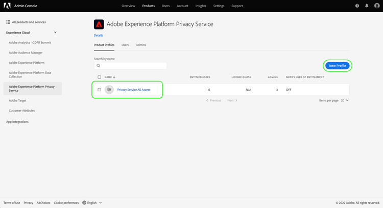 The Admin Console with the Privacy Service product profile highlighted.