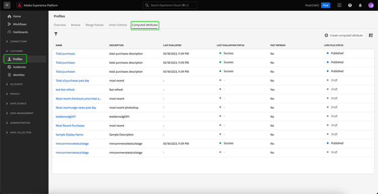 The Profile section and the Computed attributes tabs are highlighted, showing users how to access the computed attributes browse page.