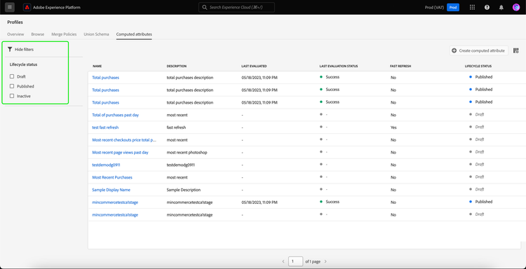 The options tht you can filter the computed attributes by are highlighted. These options include Draft, Published, and Inactive.