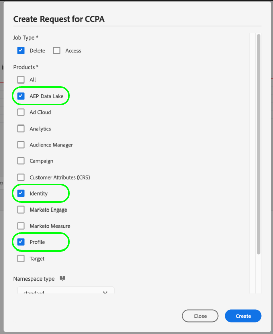 An access job request being created in the UI, with the Profile option selected under Products