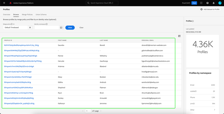 Sample profiles that match the merge policy are displayed.