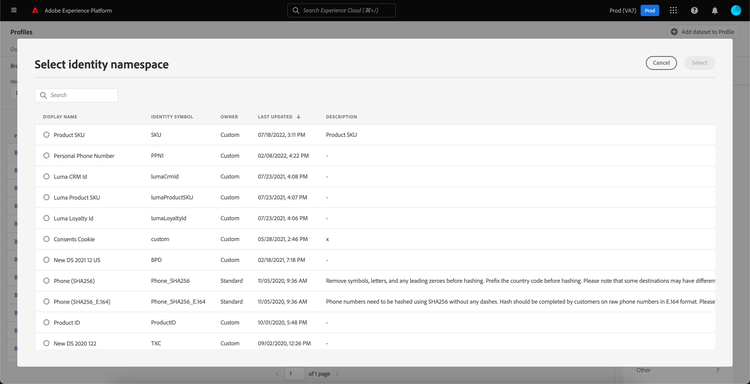 A dialog where you can select the identity namespace to filter by is displayed.