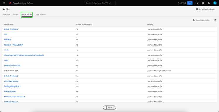 The Merge Policies tab is highlighted. Merge policies belonging to the organization are displayed.