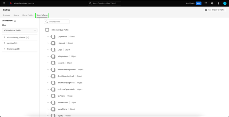 The Union Schema tab is highlighted. Union schemas belonging to the organization are displayed.