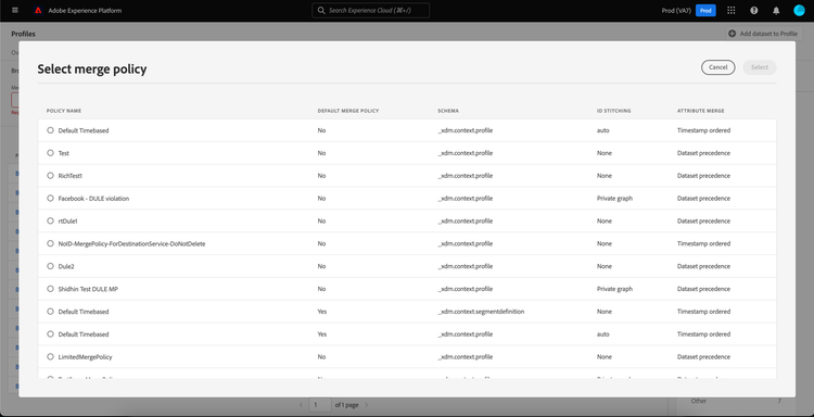 A dialog where you can select the merge policy to filter by is displayed.