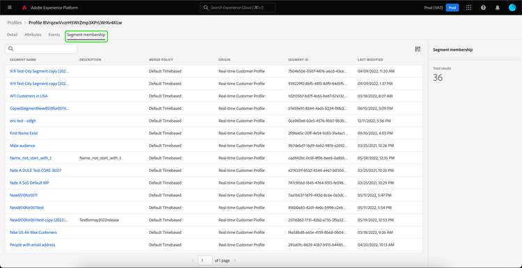 The Audience membership tab is highlighted. The profile's audience membership details are displayed.