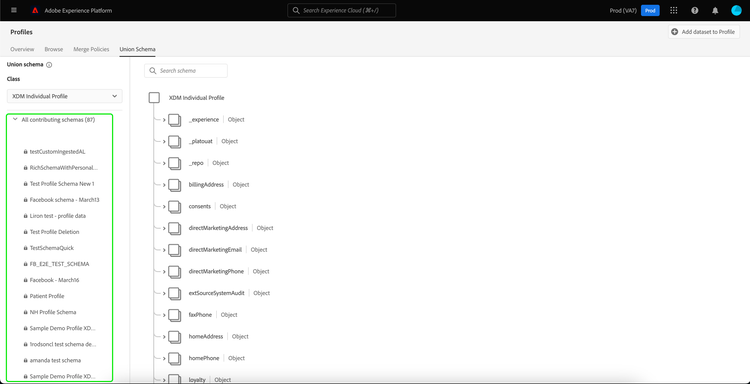 The list of schemas that contribute to the union schema is highlighted.