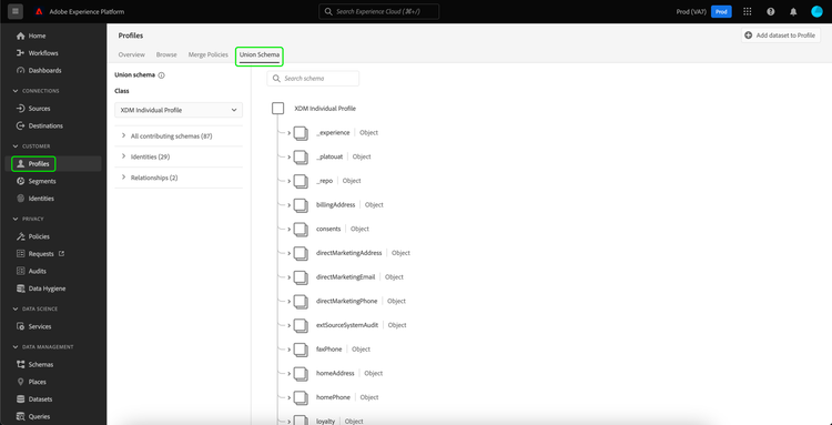 The Union Schema page is displayed, with the Profile and Union Schema tab highlighted.