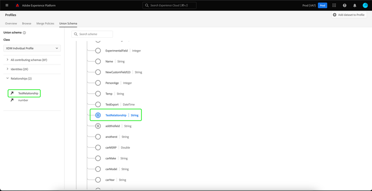 The selected relationship is highlighted. The corresponding field for the relationship is also highlighted.