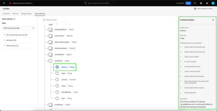 A union schema field is highlighted. Details about the highlighted field are displayed on the right sidebar.