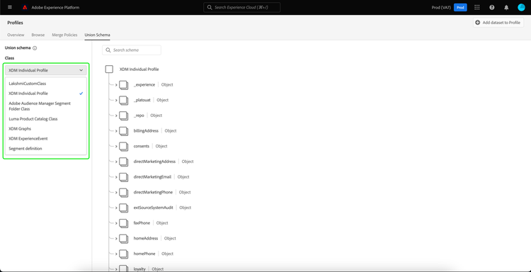 A dropdown containing the union schema's classes are highlighted.