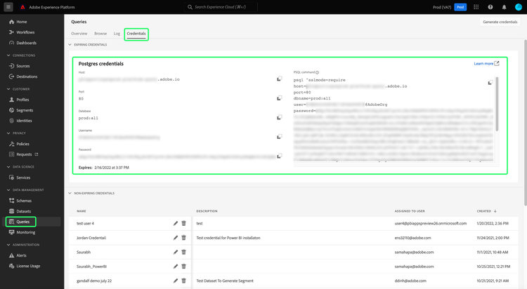 The Experience Platform Queries workspace with the Credentials tab and Expiring credentials highlighted.