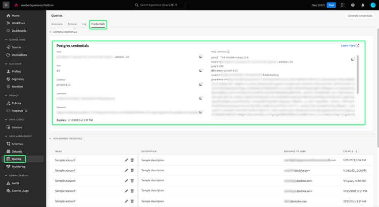 The Credentials page of the Experience Platform Queries workspace with Credentials and the Expiring Credentials highlighted.