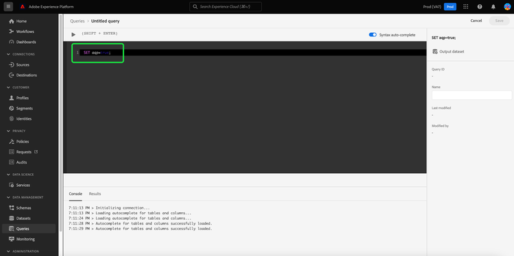 The Query Editor with the 'SET aqp=true;' command highlighted.