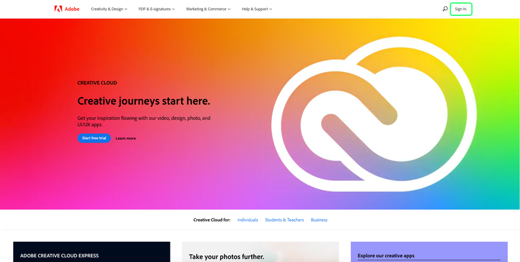The Adobe website with Sign in highlighted.