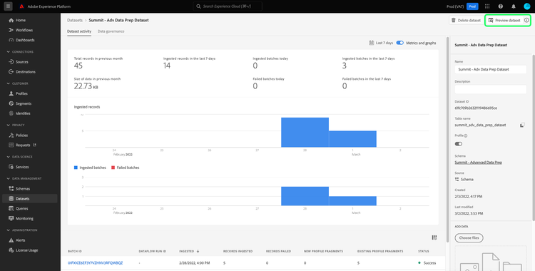 The Dataset activity tab of the Datasets dashboard with Preview dataset highlighted.