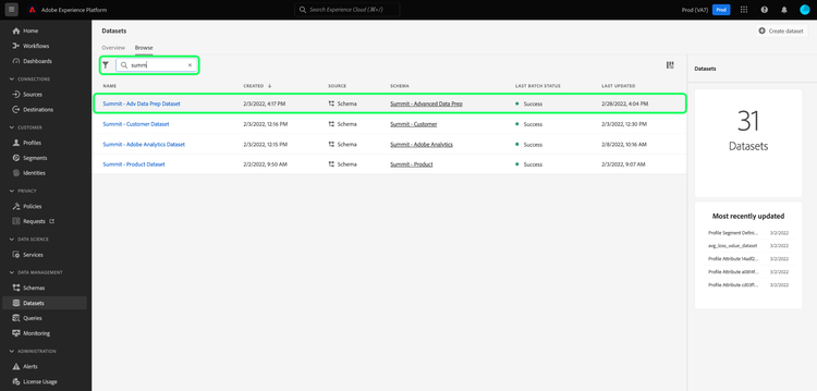 The Datasets dashboard in the Platform UI with the search bar and a dataset highlighted.