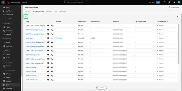 The scheduled queries tab with the filter icon highlighted.