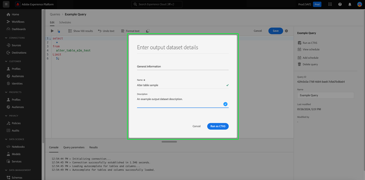 The Enter output dataset details dialog.