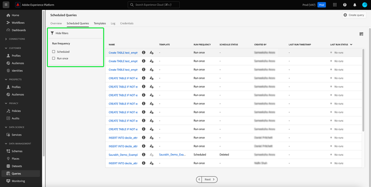 The scheduled queries tab with the filter sidebar highlighted.