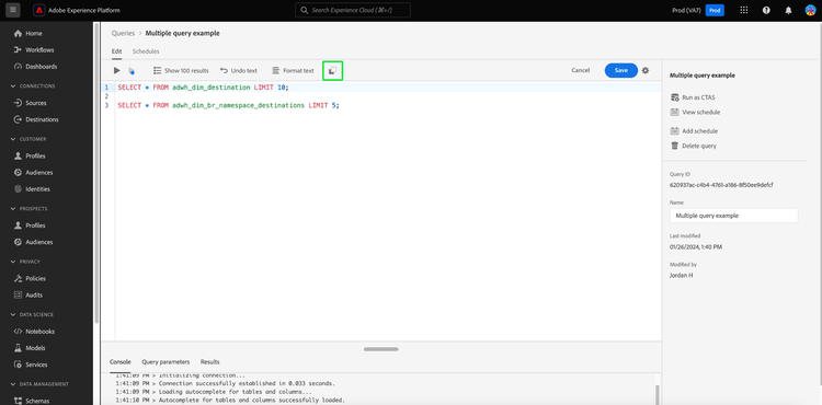 The Queries workspace with an example query template with the copy icon highlighted.