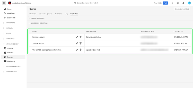 The Queries dashboard Credentials tab with the Non-expiring Credentials section highlighted.