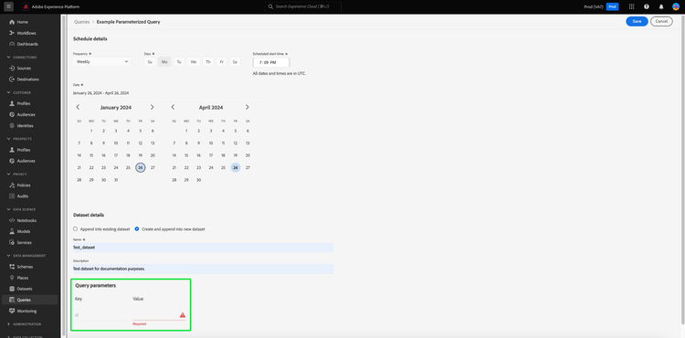 The Schedule details section of the schedule creation workflow with the Query parameters section highlighted.