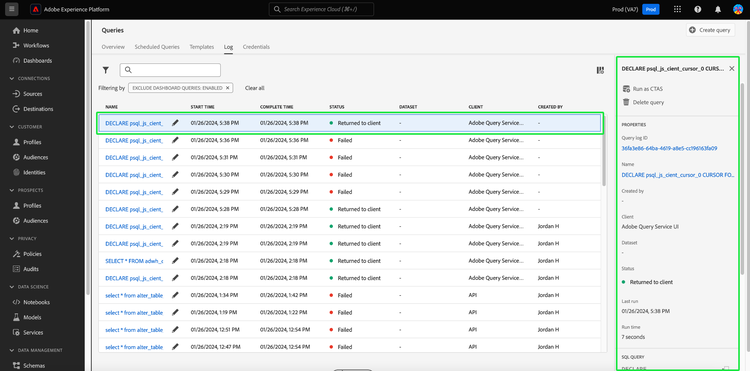 The Queries Log workspace with a row selected and the log data in the right sidebar highlighted.