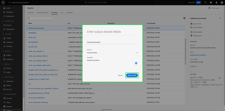 The Output dataset dialog with the dataset details and Run as CTAS highlighted