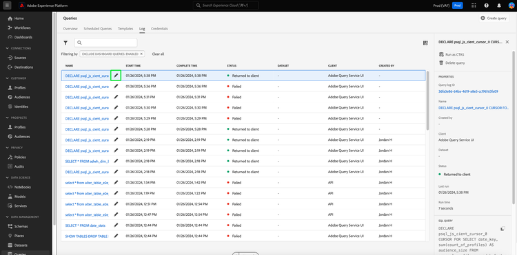 The Queries Log workspace with a pencil icon highlighted.