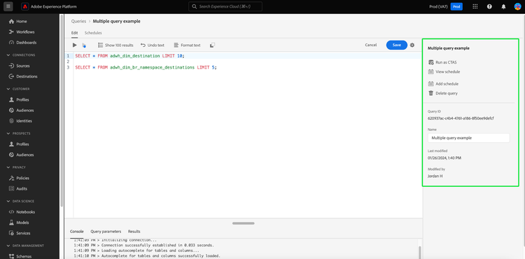 The Query Editor with the query details panel highlighted.