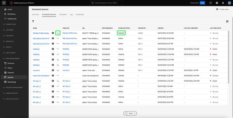 The Scheduled Queries tab with a deleted scheduled query and greyed out alert icon highlighted.