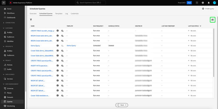 The Scheduled Queries tab with the Customize table settings icon highlighted.