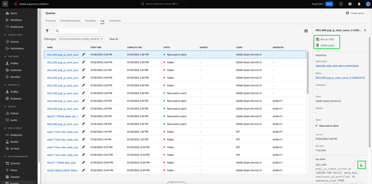 The Queries Log workspace with a row selected, Run as CTAS, Delete query and the copy SQL icon highlighted.