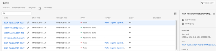 A zoomed in view of the Queries dashboard Log tab displaying a list of queries in reverse chronological order.